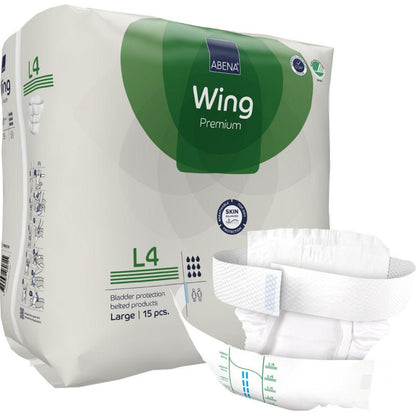 A 15-pack of Abena Re-Seller GmbH ABENA Wing Premium adult diapers, size "L4" (large). A diaper is displayed outside the package, showing its design, closures, and offering protection and comfort.