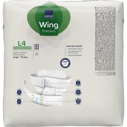 A pack of ABENA Wing Premium by Abena Re-Seller GmbH offers protection and comfort. The predominantly white pack with green and blue accents shows product info, a brief image, and contains 15 large-sized briefs.