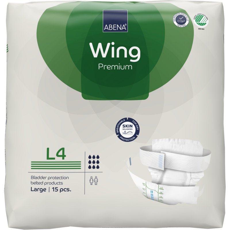 A 15-pack of ABENA Wing Premium by Abena Re-Seller GmbH, size Large, in a white-green packaging with product image, absorbency symbols, and emphasis on protection and comfort.