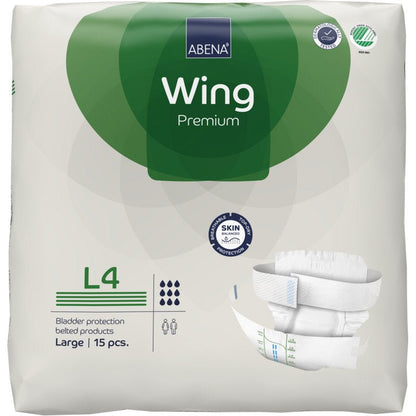A 15-pack of ABENA Wing Premium by Abena Re-Seller GmbH, size Large, in a white-green packaging with product image, absorbency symbols, and emphasis on protection and comfort.