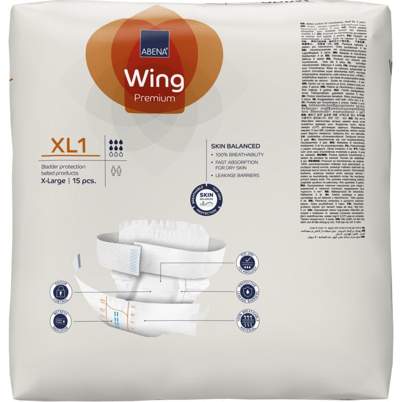 A 15-piece pack of ABENA Wing Premium incontinence briefs for adults (size XL1) by Abena Re-Seller GmbH, with skin protection, high absorbency, a brief diagram, and product highlights on the packaging.