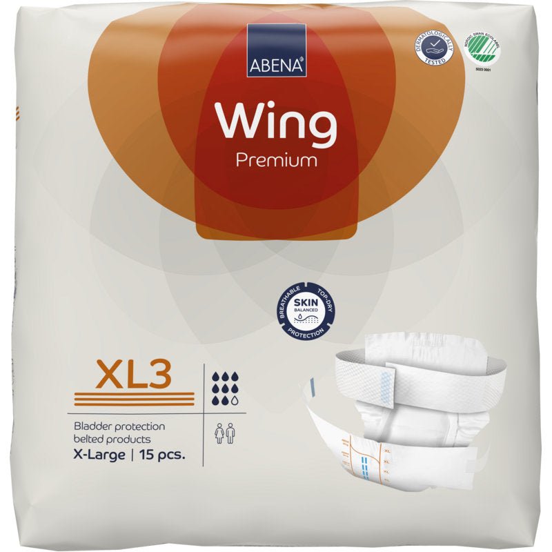 A pack of 15 ABENA Wing Premium from Abena Re-Seller GmbH, with a white adult diaper image in size X-Large and high absorbency for ultimate incontinence protection.