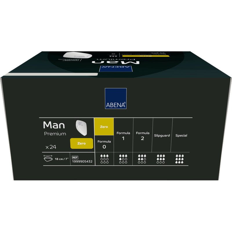 A rectangular box of ABENA Man Zero, Premium from Abena Re-Seller GmbH contains 24 pieces. The dark packaging with white and yellow accents highlights the discreet protection and features icons for absorbency levels and product information.