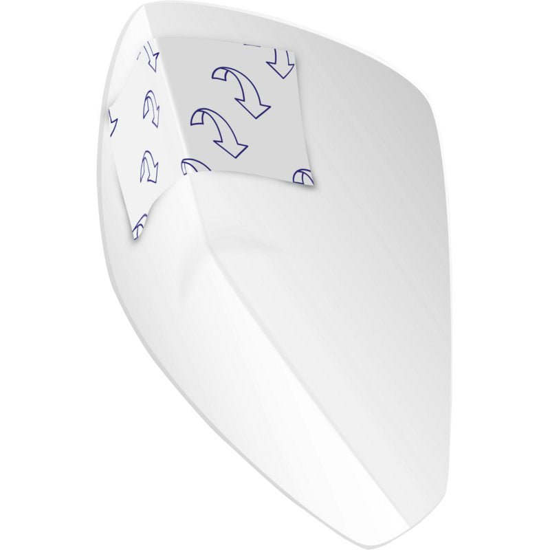 A white adhesive film in the shape of car mirrors, with a removable back and arrow symbols for easy removal - similar to the discreet protection of ABENA Man Zero, Premium from Abena Re-Seller GmbH (package with 24 pieces).