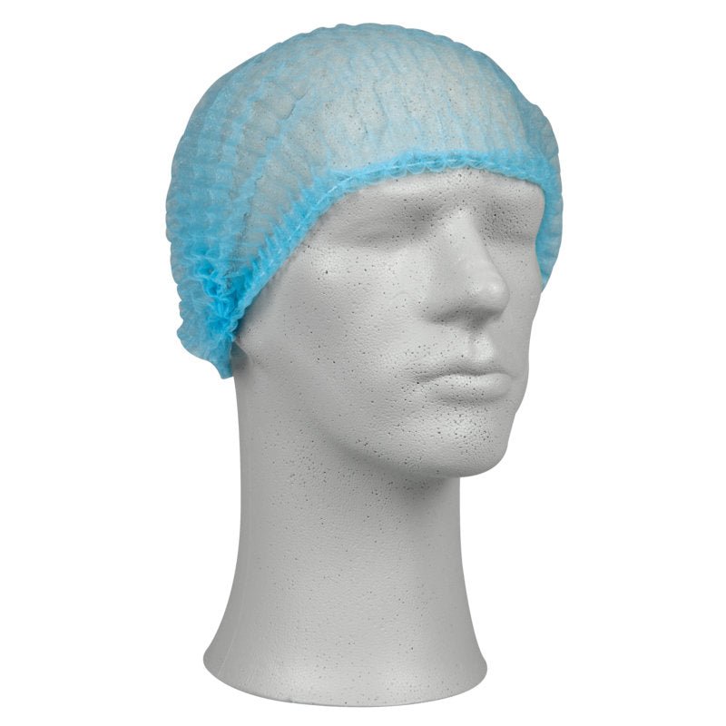 A white mannequin head wears a light blue clip cap, PP from Abena Re-Seller GmbH, which provides hygienic protection. The mannequin is slightly facing right and thus ideal for medical facilities.