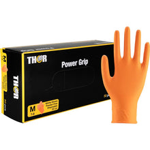 A box of Abena Re-Seller GmbH Thor Power Grip orange nitrile gloves (size M, 50 count) featuring a textured glove pictured standing upright next to the box. Ideal for grip strength and forearm training.