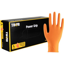 The image shows a box of Thor Power Grip orange nitrile gloves from Abena Re-Seller GmbH, with a glove standing upright next to it. The black-and-yellow packaging highlights the size L, contains 50 gloves, and markets them as hand strength trainers.