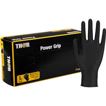 A box of Thor Power Grip, Black, by Abena Re-Seller GmbH (large, powder-free, black nitrile gloves) with one glove standing upright. The packaging shows 50 disposable gloves—ideal for strength training or weightlifting.