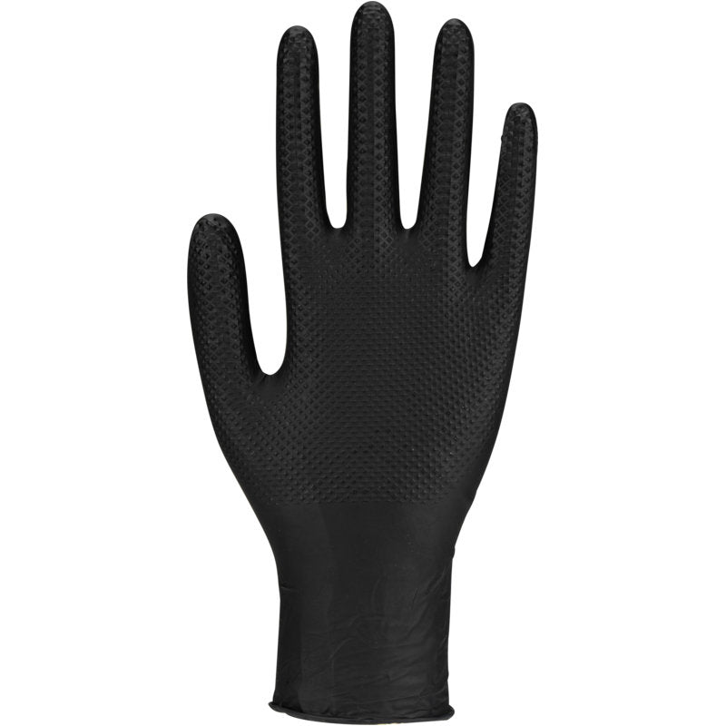 A single Thor Power Grip disposable glove in black from Abena Re-Seller GmbH is depicted upright with outstretched fingers and slightly spread thumb, ideal for strength training or weightlifting, against a plain white background.