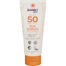 A 100ml tube of Bambo Nature sunscreen SPF50 from Abena Re-Seller GmbH, color- and fragrance-free, dermatologically tested, vegan, reef-safe, and ideal for sensitive skin. 6 packs in the box.