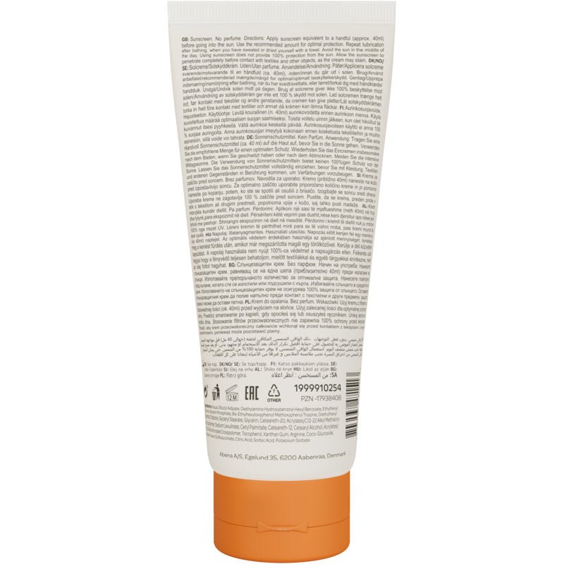 A 100ml tube of Bambo Nature SPF50 sunscreen, color- and fragrance-free, from Abena Re-Seller GmbH, with an orange cap, viewed from the back. The light packaging shows dense black text, symbols, barcode, and company information.
