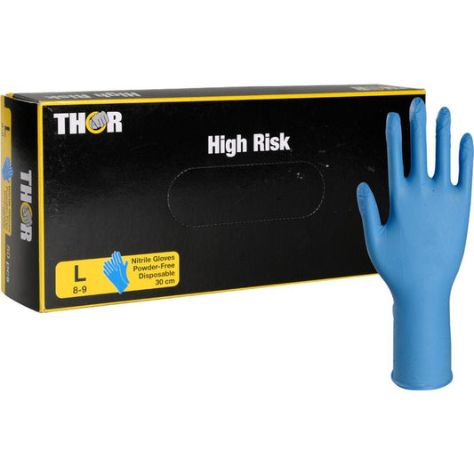 A box labeled "Thor High Risk Nitrile Gloves, Blue, 30 cm" from Abena Re-Seller GmbH contains a blue nitrile glove. The yellow and blue packaging indicates chemical protection, size L (8-9), that the gloves are powder-free, and a length of 30 cm.