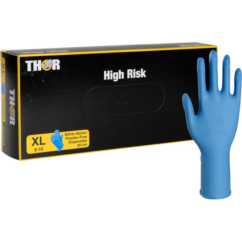 A black box labeled "Thor High Risk Nitrile Gloves, Blue, 30 cm" from Abena Re-Seller GmbH is depicted with an upright blue nitrile glove. The chemical protection box indicates that the gloves are XL, powder-free, disposable, and 30 cm long.