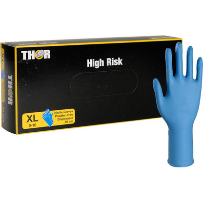 A black box labeled "Thor High Risk Nitrile Gloves, Blue, 30 cm" from Abena Re-Seller GmbH is depicted with an upright blue nitrile glove. The chemical protection box indicates that the gloves are XL, powder-free, disposable, and 30 cm long.
