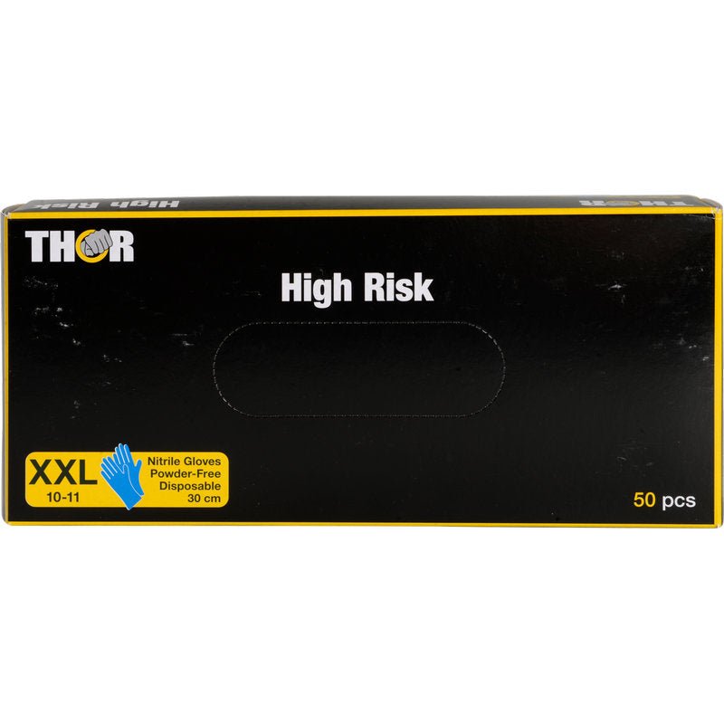 A blue box of Thor High Risk Nitrile Gloves, 30 cm long, from Abena Re-Seller GmbH. The powder-free disposable chemical protection gloves are delivered in a pack of 50.