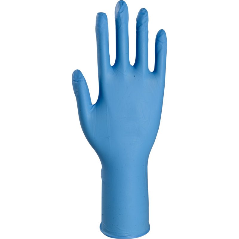 A single Thor High Risk Nitrile Glove, Blue, 30 cm from Abena Re-Seller GmbH is depicted upright with outstretched and slightly spread fingers. The smooth nitrile chemical protection glove appears clean and unused against a white background.