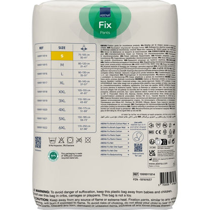 Rear view of a predominantly white packaging with blue and yellow accents for Abena Re-Seller GmbH Fixation Pants ABENA Fix, Pants, Super, with size chart, product information, care instructions, certifications, barcodes, and multilingual safety notices.