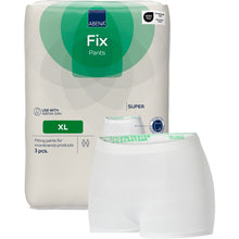 A package of ABENA Fix Pants Super by Abena Re-Seller GmbH is pictured next to a pair of white mesh fixation pants. The package contains 3 pairs and is labeled with both "Super" and "Standard."