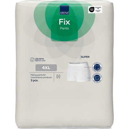 Package of Abena Re-Seller GmbH Fixation Pants ABENA Fix Pants Super, size 4XL, 3-pack. Beige packaging with green and blue accents, product image, and function symbols.