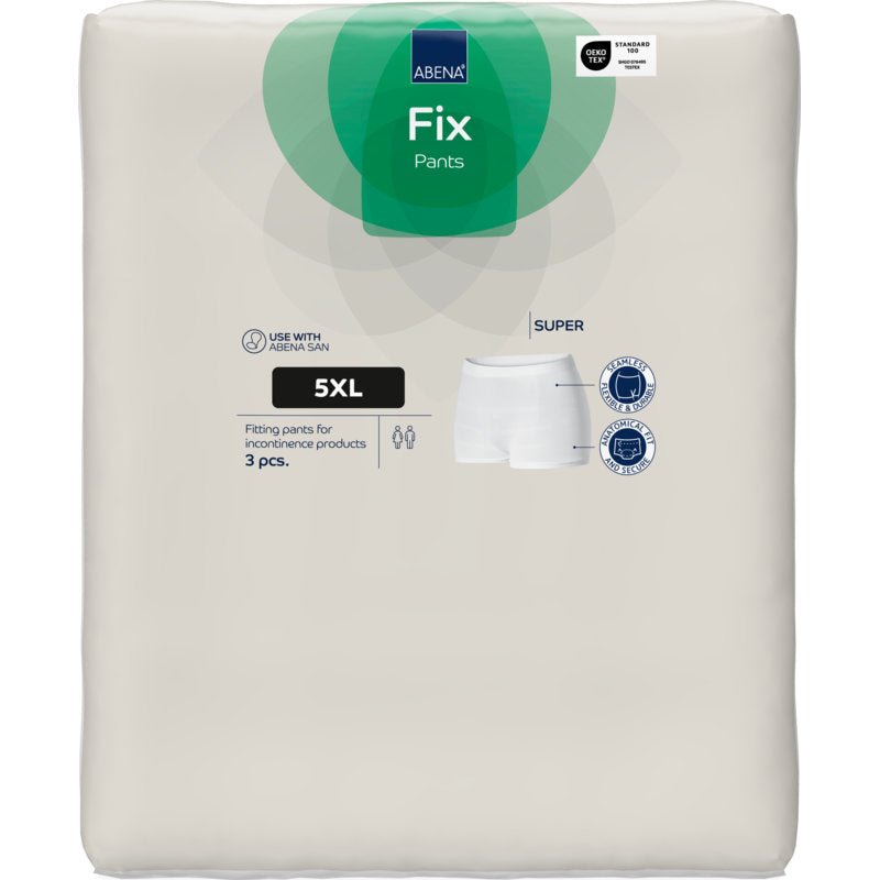 A 3-pack of Abena Re-Seller GmbH Fixation Pants ABENA Fix Pants Super, size 5XL, in white packaging with green and blue accents with product images and symbols for use with incontinence products.