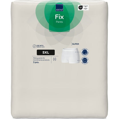 A 3-pack of Abena Re-Seller GmbH Fixation Pants ABENA Fix Pants Super, size 5XL, in white packaging with green and blue accents with product images and symbols for use with incontinence products.