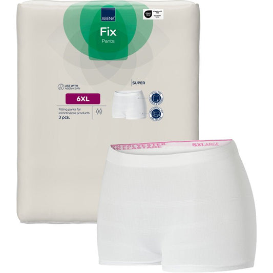 A package of ABENA Fix, Pants, Super incontinence pants from Abena Re-Seller GmbH is shown alongside a pair of white mesh incontinence pants with "6X LARGE" printed on the waistband. Product details are displayed on the 3-pack.