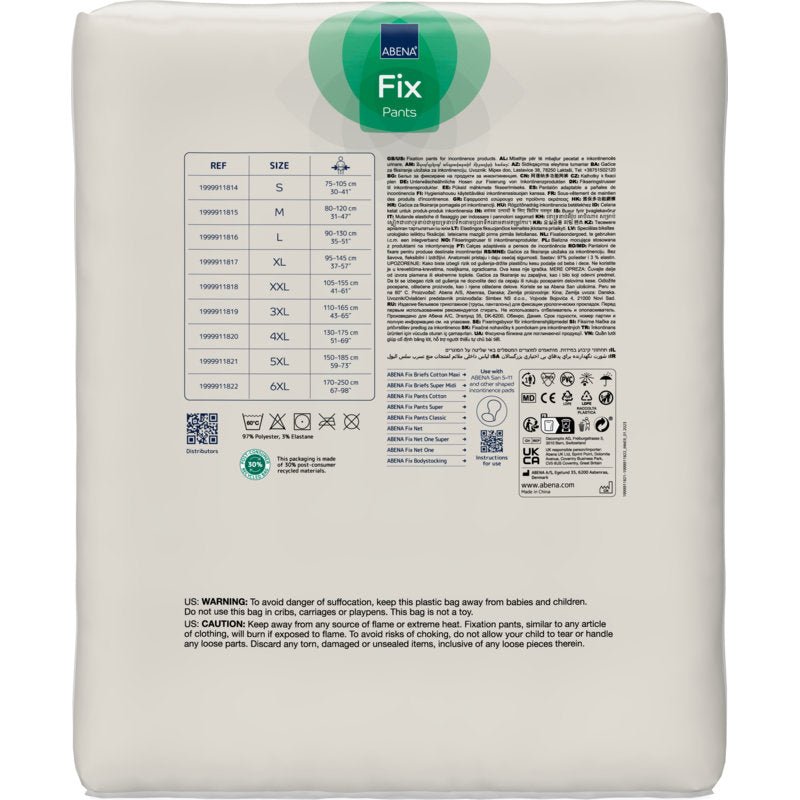 A white package of Abena Re-Seller GmbH Fixation Pants ABENA Fix Pants, Super, with a size chart, product information, symbols, warnings, and multilingual information on the back.
