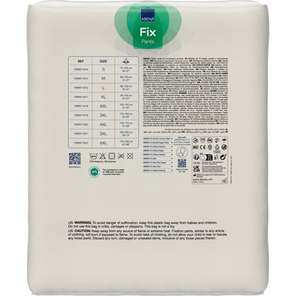 A white package of Abena Re-Seller GmbH Fixation Pants ABENA Fix Pants, Super, with a size chart, product information, symbols, warnings, and multilingual information on the back.