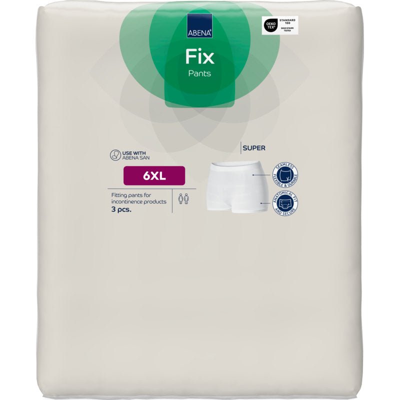 A white package of Abena Re-Seller GmbH Fixation Pants ABENA Fix Pants, Super, size 6XL (3 pieces), shows product info, a pants diagram, and a usage recommendation for incontinence products.