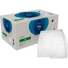 A pair of white ABENA fixation pants from Abena Re-Seller GmbH is shown in front of a 50-piece "ABENA Fix Net XL" box; unisex and ideal for securely securing incontinence products.