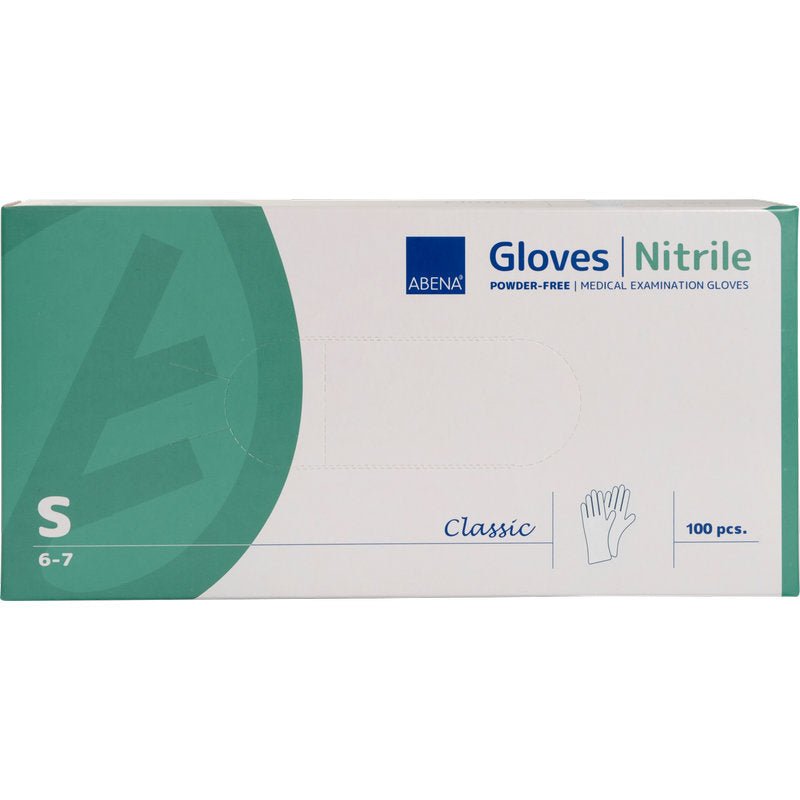 A box of Abena Re-Seller GmbH Nitrile Gloves, Classic, Powder-Free, White (Size S/6-7) contains 100 pieces. The green-white packaging shows blue lettering and a medical glove illustration.
