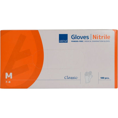 A box of Abena Re-Seller GmbH Nitrile Gloves, Classic, powder-free, white, Size Medium (7-8), 100 pieces. The packaging is white-orange and shows the product information on the front.