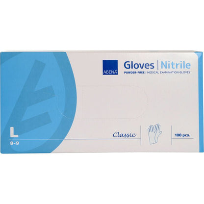 A box of Abena Re-Seller GmbH Nitrile Gloves Classic, powder-free, white, Size L (8-9), contains 100 medical disposable gloves. The blue-white packaging shows glove illustration and size information.