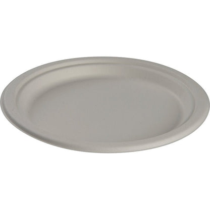 A simple, round plate, Bagasse, White by Abena Re-Seller GmbH is depicted on a white background. This biodegradable disposable plate made from compostable material is an eco-friendly choice for any occasion.