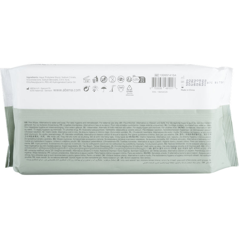 A rectangular white Abena Re-Seller GmbH wet wipes pack (80 pieces, with lid, 20x27 cm) is depicted from the back and shows a barcode, product information in several languages, symbols, and abena.com.