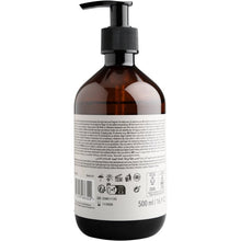 A brown plastic bottle with a black pump and a large white label displays the barcode, recycling symbols, and 500 ml volume for ENA Living Body Wash from Abena Re-Seller GmbH, sold as a carton (8 packs).