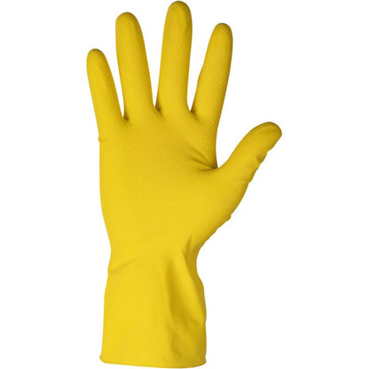 An ENA Household latex household glove in yellow from Abena Re-Seller GmbH is presented upright with the palm facing forward and fingers spread. The textured latex glove is ideal for cleaning or other household tasks.