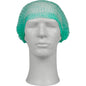 A white mannequin head displays a green clip cap made of PP from Abena Re-Seller GmbH, ideal for hygienic protection in the medical field or gastronomy. The mannequin is facing forward and stands against a plain background.