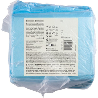 A pack of 25 ABENA tissue blue disposable pads, 6-layered (40x60 cm) from Abena Re-Seller GmbH, comes in clear plastic with a white front label containing product information, instructions, and symbols.