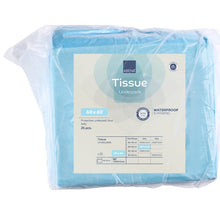 A package containing 25 ABENA Tissue disposable pads, 6-ply, 60x60 cm, blue, from Abena Re-Seller GmbH. The waterproof and hygienic pads come in transparent packaging with a label listing all product information and specifications.