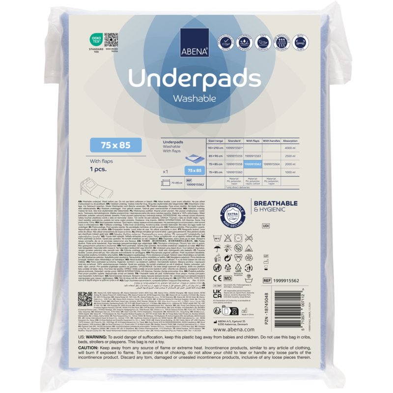 A box with 36 Abena Re-Seller GmbH washable underpads with wings, PU, 75x85 cm, blue is provided with information on absorbency, care instructions, details on the PU layer, product symbols, and warnings on the packaging.