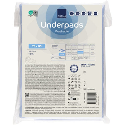 A box with 36 Abena Re-Seller GmbH washable underpads with wings, PU, 75x85 cm, blue is provided with information on absorbency, care instructions, details on the PU layer, product symbols, and warnings on the packaging.