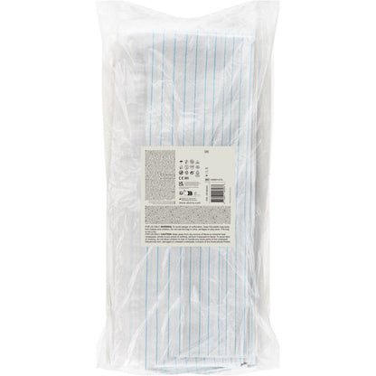 A clear plastic package contains 25 Abena Re-Seller GmbH protective sheets, thread reinforced, 210x80 cm, PE/cellulose. Each is provided with a white label with text and a barcode on the front; ideal for medical use.