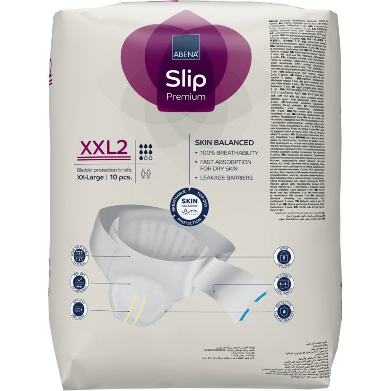 A 10-pack of ABENA Slip Premium bladder protection slips from Abena Re-Seller GmbH, size XXL2, offers skin balance and leak protection - ideal for reliable incontinence care.