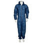A headless mannequin presents the disposable coverall (Nonwoven/PP, Blue) from Abena Re-Seller GmbH - a dark blue full-body protective coverall with a front zipper, long sleeves, and a hood.