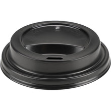 A black plastic lid for coffee cups, made of PP by Abena Re-Seller GmbH, is shown from above against a white background; it has a raised rim and an oval drinking hole in the center.