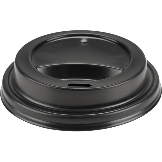 A black plastic lid for coffee cups, made of PP by Abena Re-Seller GmbH, is shown from above against a white background; it has a raised rim and an oval drinking hole in the center.