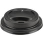 A black plastic lid for coffee cups, PP by Abena Re-Seller GmbH is depicted from above on a white background, has a raised edge and an oval drinking hole in the center.