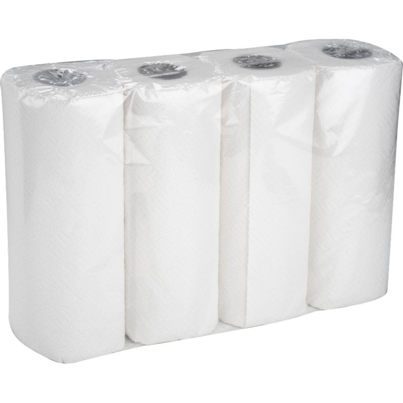 A carton from Abena Re-Seller GmbH contains 8 packs of kitchen rolls, each with four 2-ply white rolls (26 cm x 14 m), absorbent and wrapped in clear foil.