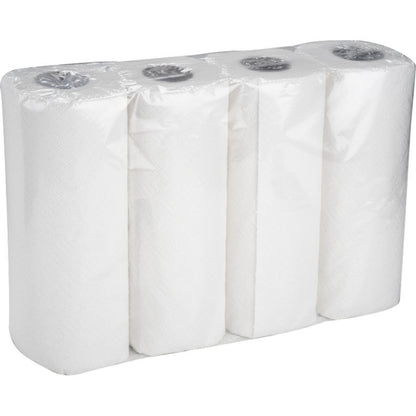 A carton from Abena Re-Seller GmbH contains 8 packs of kitchen rolls, each with four 2-ply white rolls (26 cm x 14 m), absorbent and wrapped in clear foil.